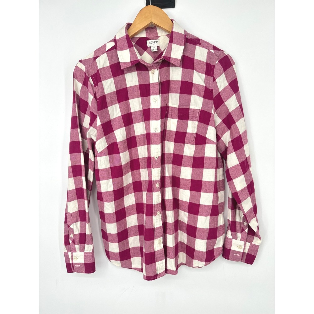 J Crew Button Down Women M Pink Buffalo Plaid Flannel Casual Classic Outdoor